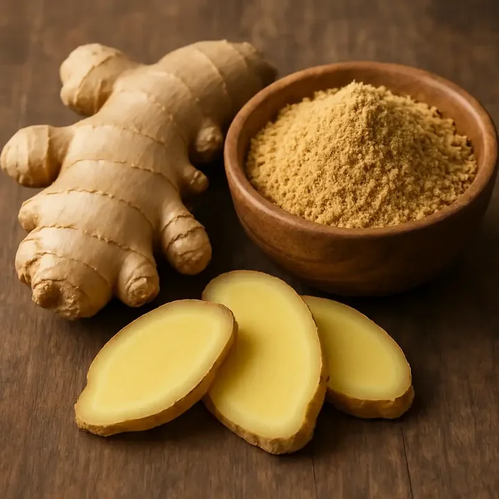 Fresh ginger root, ginger slices and ginger powder in a wooden bowl