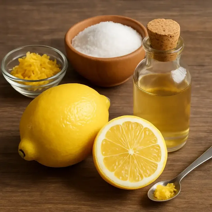 Fresh lemons, lemon zest and lemon extract on a wooden table
