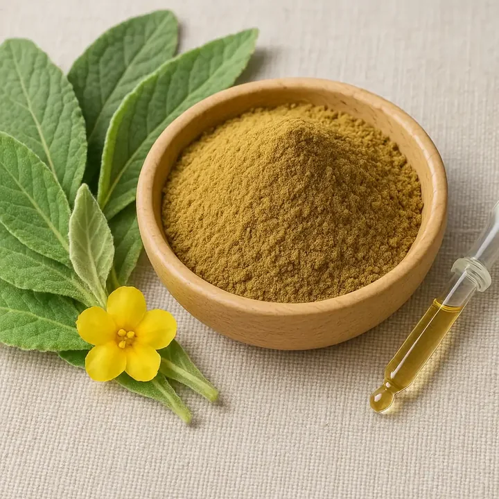 Mullein leaf powder in a wooden bowl beside fresh leaves and a yellow flower