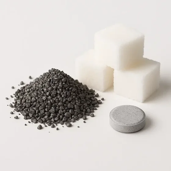 A tablet, sugar cubes and a pile of dark granules, the older way of taking things
